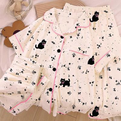 Ink Splashing Design, Small Black Cat, High Value Cloud Cotton Pajamas, Women'S Summer Loungewear, Short-Sleeved Three-Piece Set
