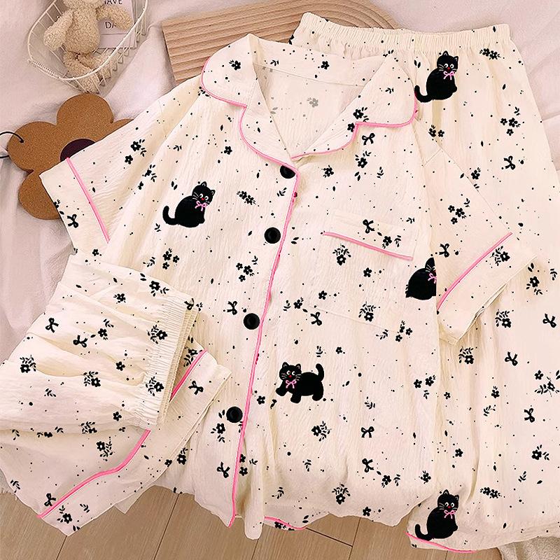 

Ink Splashing Design, Small Black Cat, High Value Cloud Cotton Pajamas, Women S Summer Loungewear, Short-Sleeved Three-Piece Set 2XL