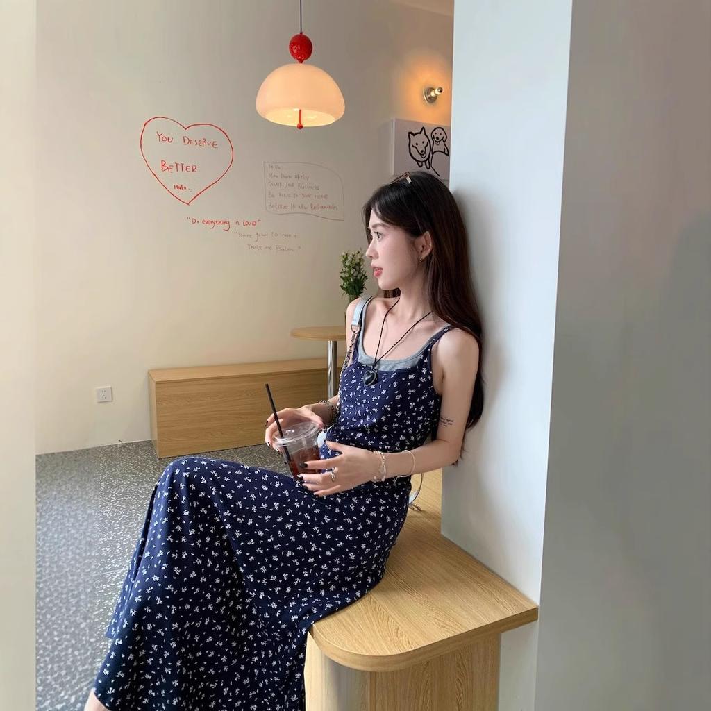Blue gentle wind floral suspender dress women's summer seaside design feeling waist slim swing skirt long skirt