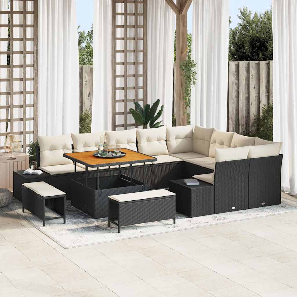 Garden Sofa Set with Cushions 12 pcs Black Poly Rattan