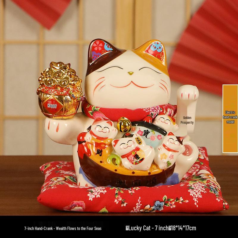 Electric Waving Lucky Cat Ceramic Ornament for Home, Living Room, Shop, or Cashier Desk.