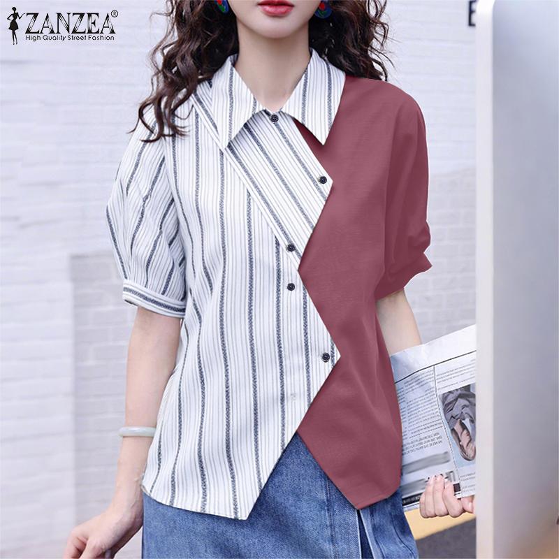 ZANZEA Women Casual Turn Down Collar Summer Short Sleeve Stripe Blouse