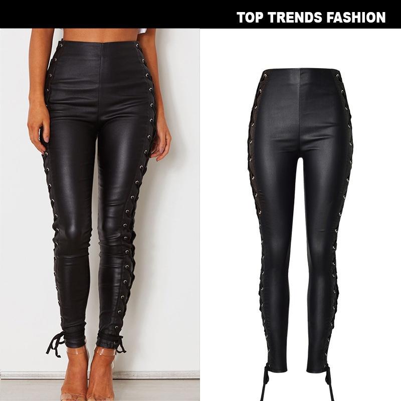 High Waist Pants Black PU Leather 