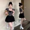 French Retro Bow Square Neck Shirt Women's Summer Bubble Sleeves Short Skirt Slim-fitting Niche Skirt
