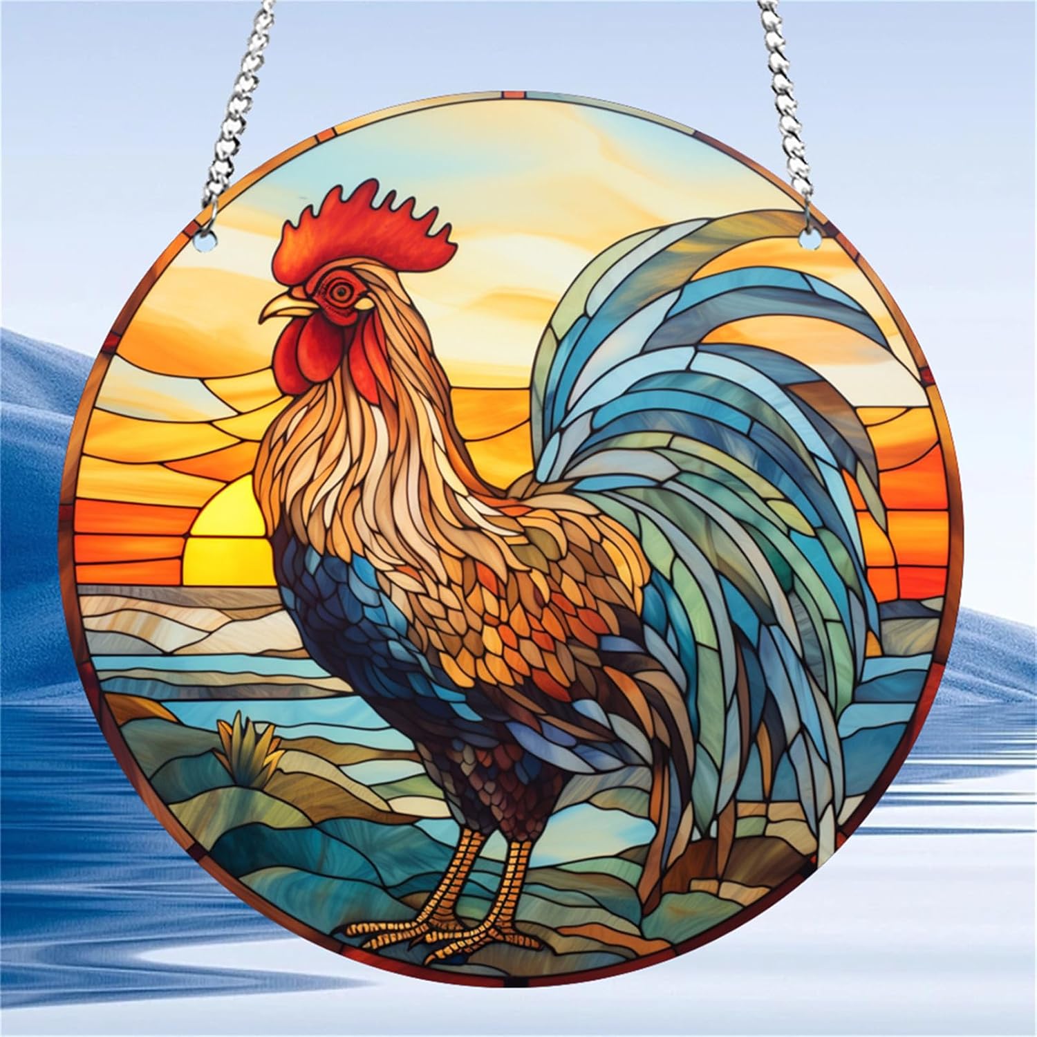 Rooster Sunrise Stained Window Hanging Indoor Outdoor Stained Suncatchers for Window Acrylic Panels Kitchen Bedroom Garden Wall Art Decoration Gifts