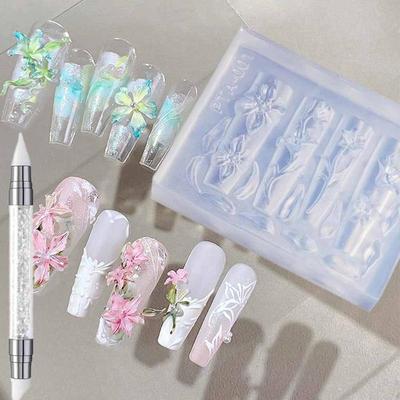 2/3 Pièces Moule Art des Ongles Fleurs d'Hibiscus d'Hawaï 3D Motif Pétales Floraux Nœuds Ballet Moule en Résine Gabarit de Sculpture sur Ongles Accessoires DIY