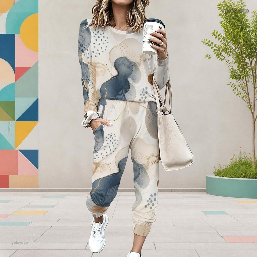 Women Plus Size Round Neck Long Sleeve Printed Cuffed Top And Pants Set With Pockets