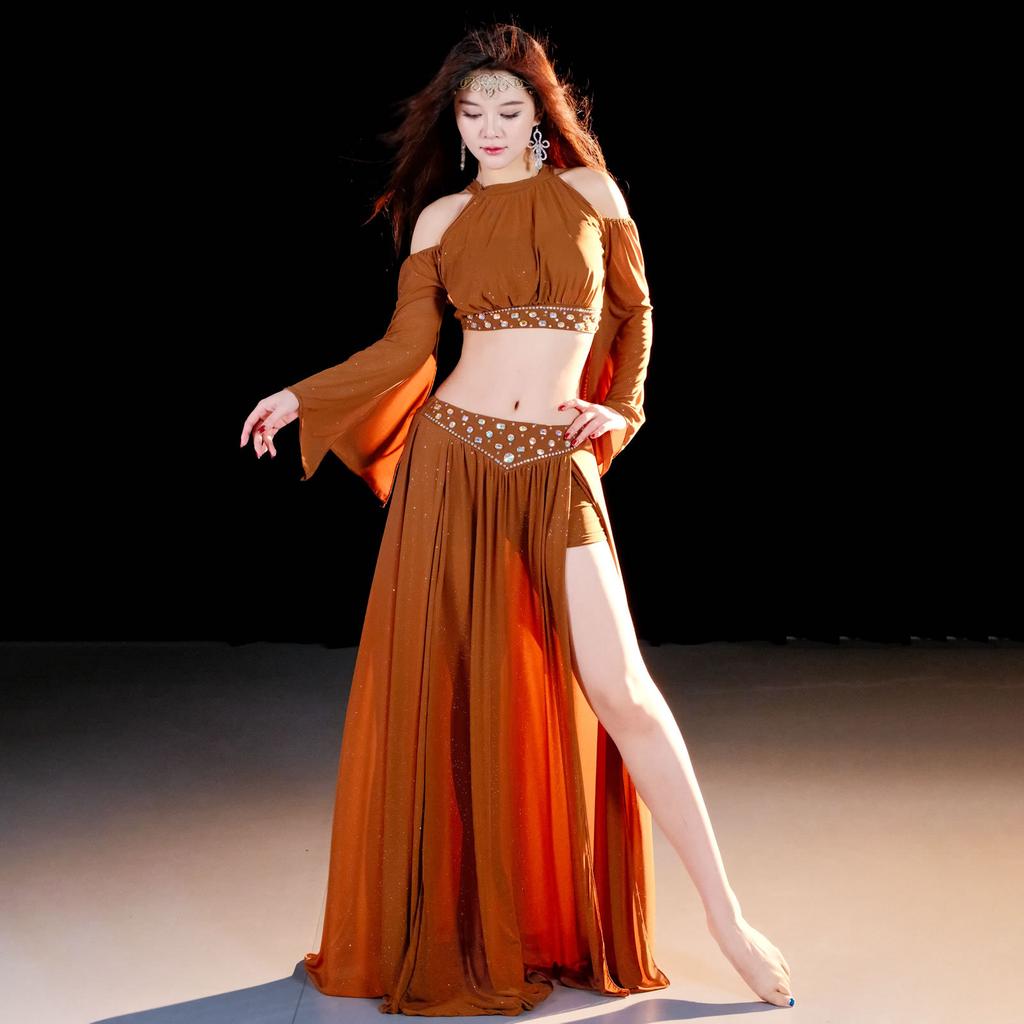 2026 Set Due Pezzi Lucido a Maniche Lunghe per Danza del Ventre da Donna Costumi Orientali a Doppio Spacco per Danza del Ventre Abbigliamento da Ballo per Performance