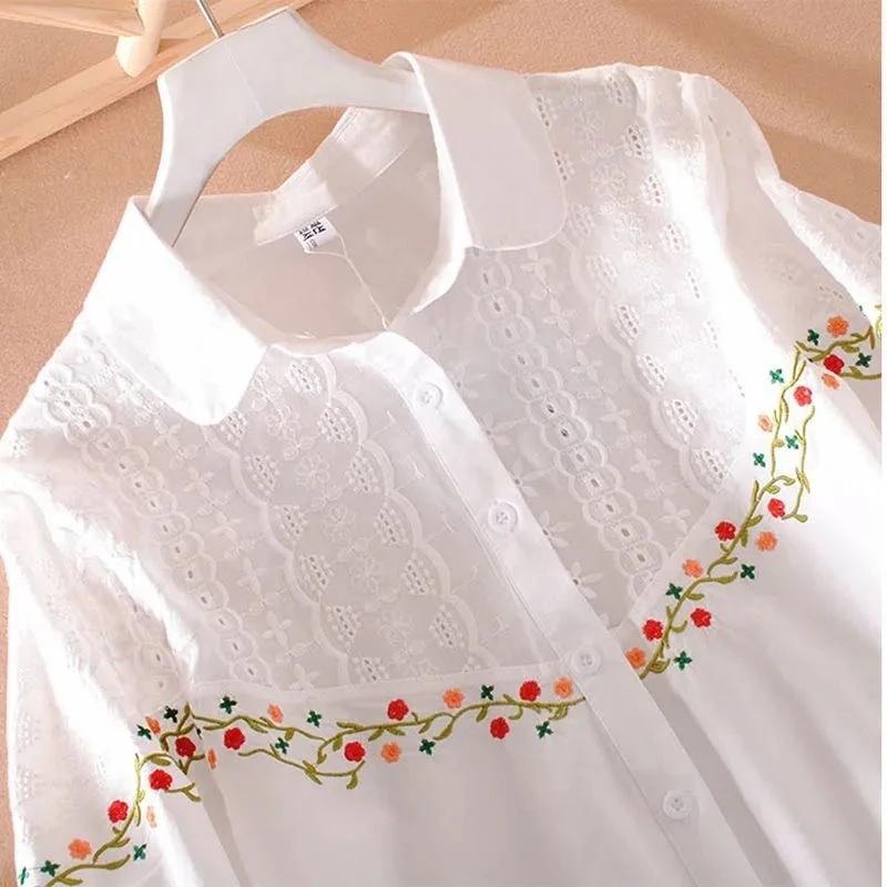 Women's Summer Loose Embroidered Shirt Literary Ethnic Style Middle Sleeve Tops