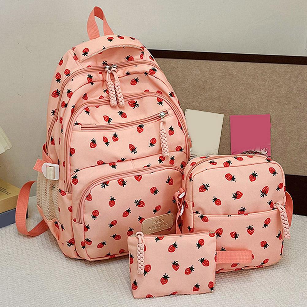 Corduroy Backpack Three Piece Set Strawberry Print Daily Casual Backpack Niche Large Capacity Commuting Light Backpack
