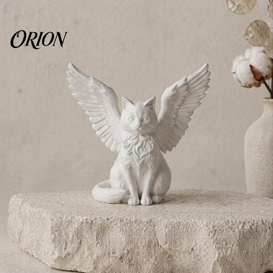 Desktop Commemorative Gift Angel Cat Desk Ornament, Matte White 3D Printing Figurine, Minimalist Statues Winged Sculpture for Home Office Shelf