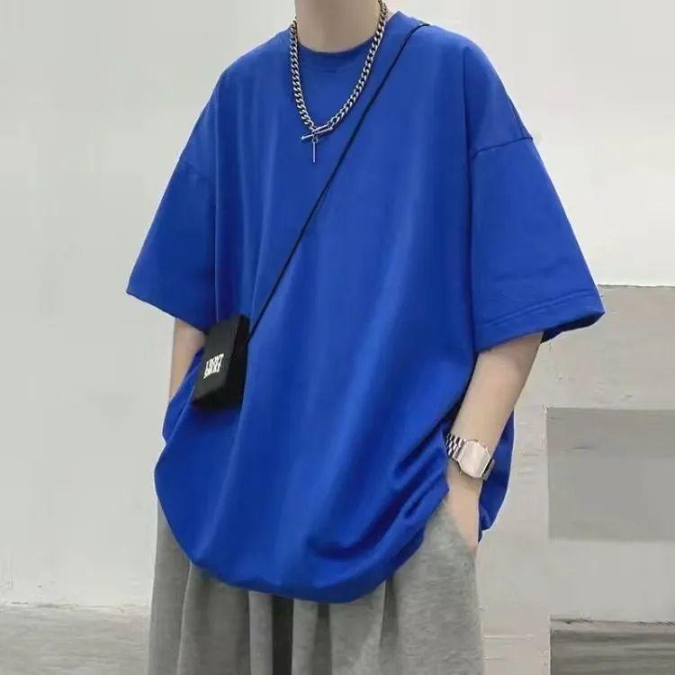 

Летняя однотонная дышащая футболка с коротким рукавом, мужская универсальная рубашка больших размеров, свободный удобный мягкий топ 6XL темно-синий