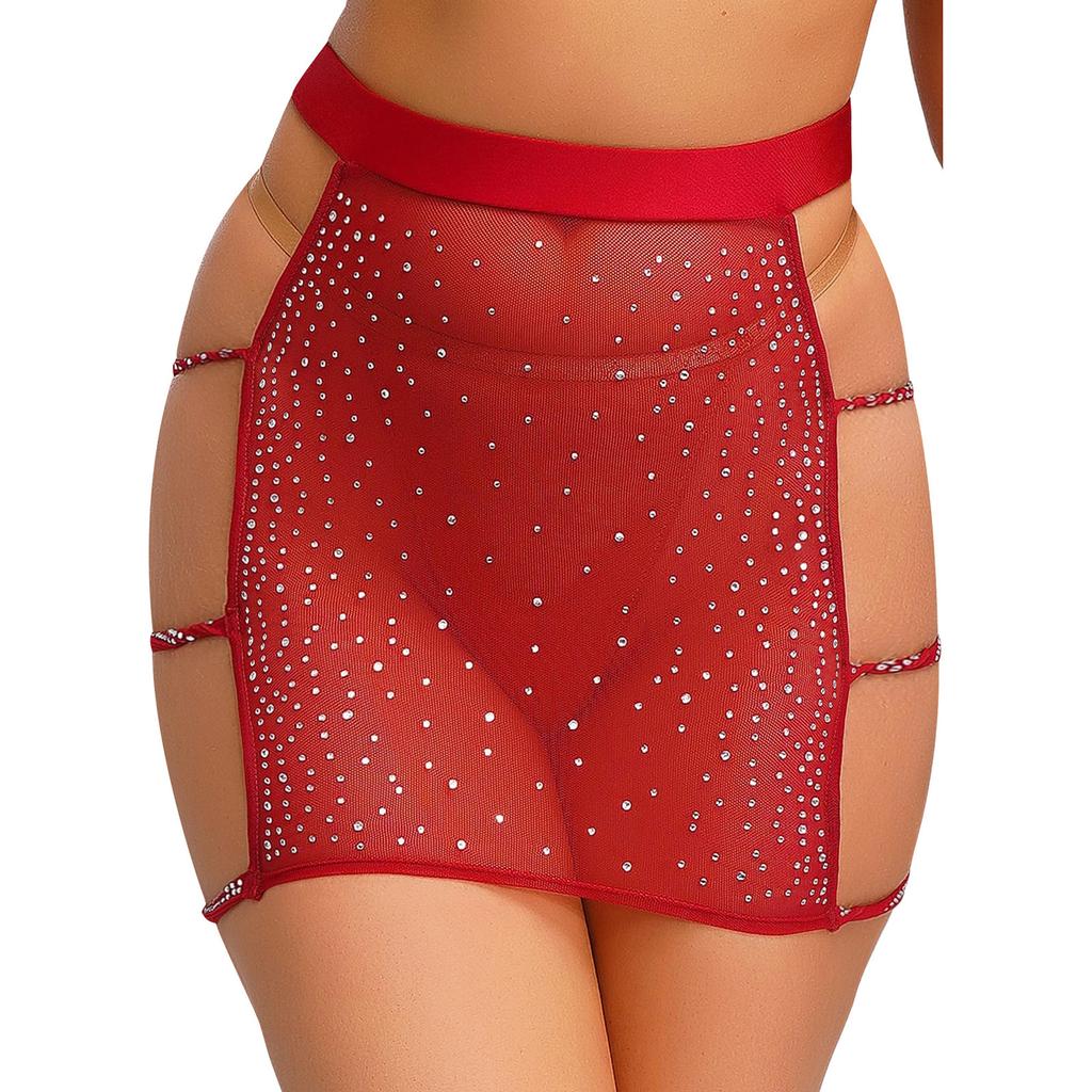 Womens Sparkly Rhinestone Mesh Miniskirt Elastic Waist Side Cutouts Bodycon Design See Through Club Skirt