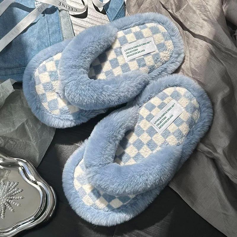 

Осенние плюшевые тапочки женские модные клетчатые пушистые шлепанцы домашние бесшумные нескользящие тапочки мягкие плоские фланелевые домашние тапочки 40-41 светло-синий