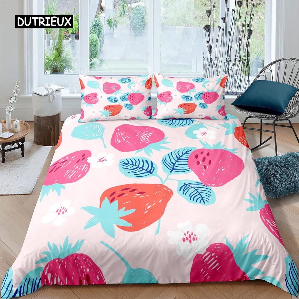 Erdbeer-Bettbezug-Set für Mädchen, King-Size-Bettbezug-Set, rote Erdbeer-Bettwäsche, Essen, Obst, Bettbezug für Kinder, Geschenk