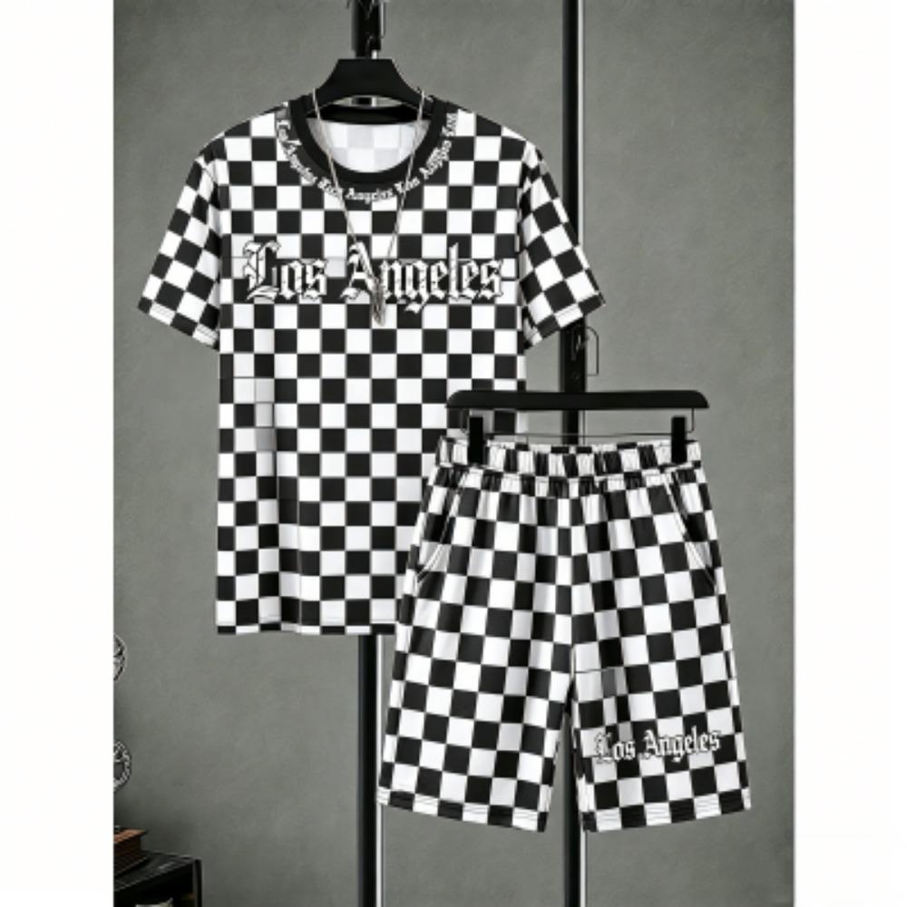 Men s Set Striped Grid Printed Men s T-shirt and Shorts 2 Piece Set Summer Casual Outdoor Men s and Women s T-shirt Sets XXS