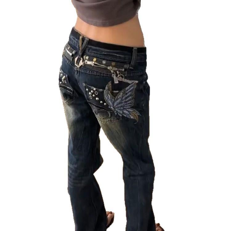 American retro street spice butterfly embroidery design sense old jeans children summer slim slim slim slim pants