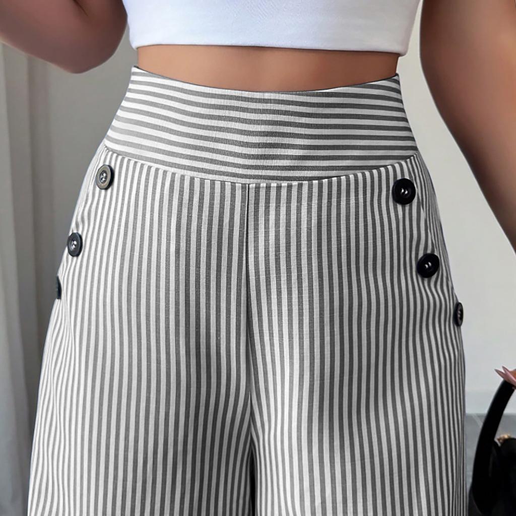 Flowy Pants for Women Casual High Waisted Wide Leg Palazzo Pants Long Trousers with Buttons and Pockets Plus Size