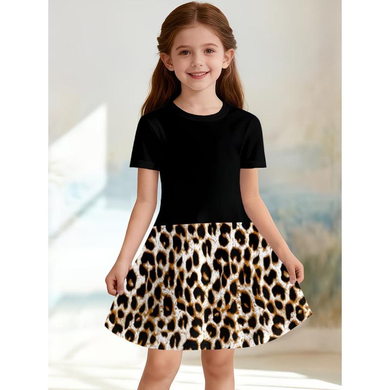 Leopard Print Summer Girls Dress Short Sleeves All Printed Frocks Cute A-Line Princess Dress for Young Girls