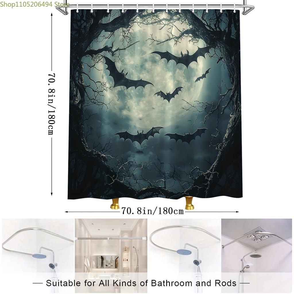 Halloween Bat Phase and Bare Trees Shower Curtain, Washable Polyester with Hooks, Black Mysterious Animal Theme Bathroom Decor