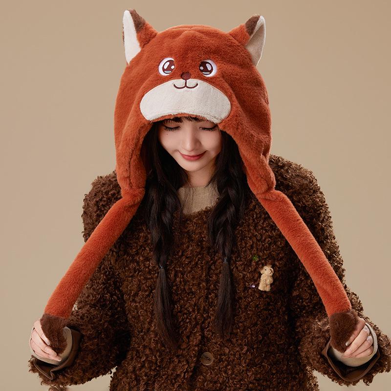Women's Warm Fleece Cartoon Cat Hat with Moving Ears & Ear Muffs for Autumn/Winter