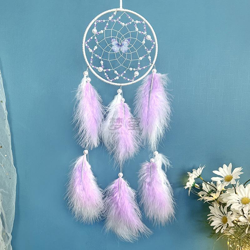 Butterfly Dream Catcher Pink Feather Pendant Creative Hand-woven Bedroom Curtain Hanging Ornaments Birthday Gift Home Decoration