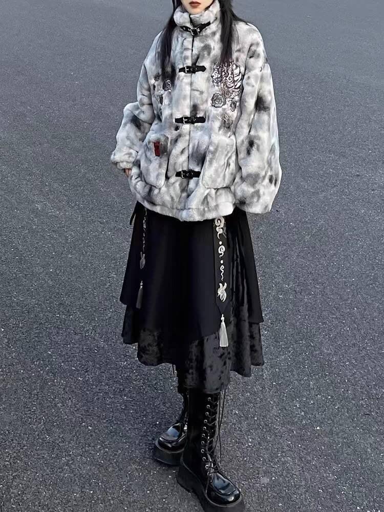 Dark Style Sheyin Faux Rabbit Fur Coat - Quirky Embroidered Stand-Up Collar for Autumn/Winter