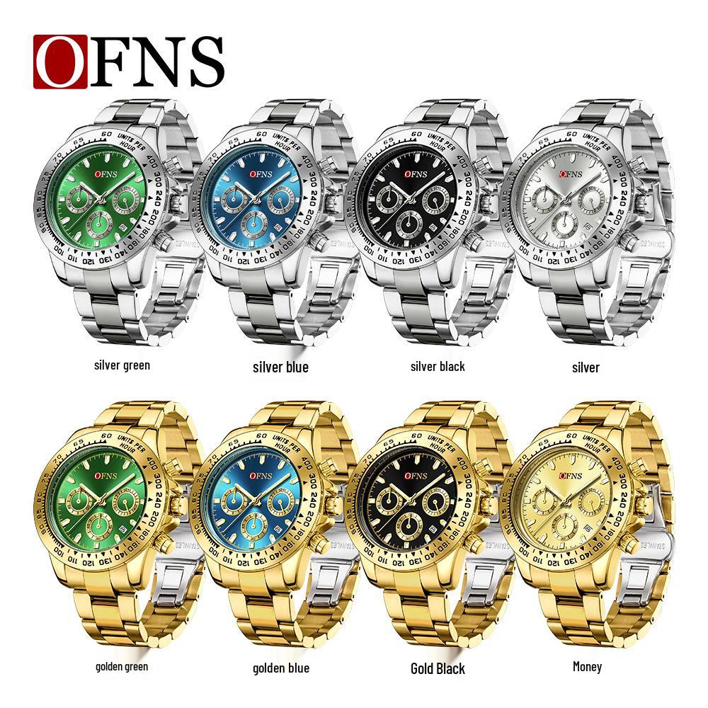 OFNS Men's Quartz Watch: Fashionable Business Design, Six-Hand Dial, Calendar, Solid Steel Band, Waterproof.