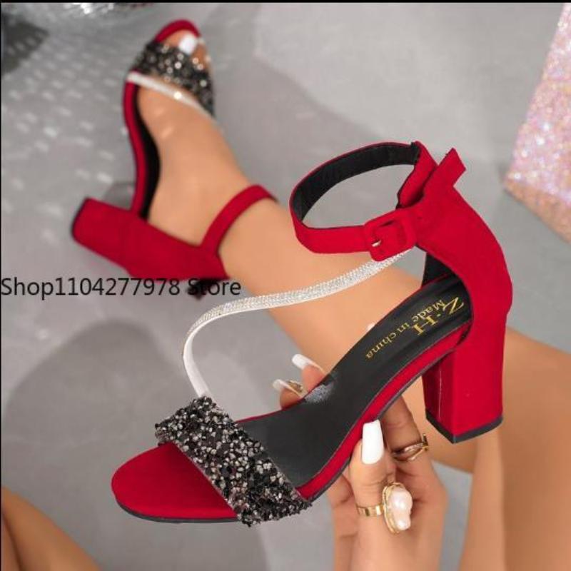 Fashion New Summer Women High Heels Wedding Party Sandals Open Toe Ankle Strap Chunky Heels Rhinestone Platform Sandals Diamond Shoes