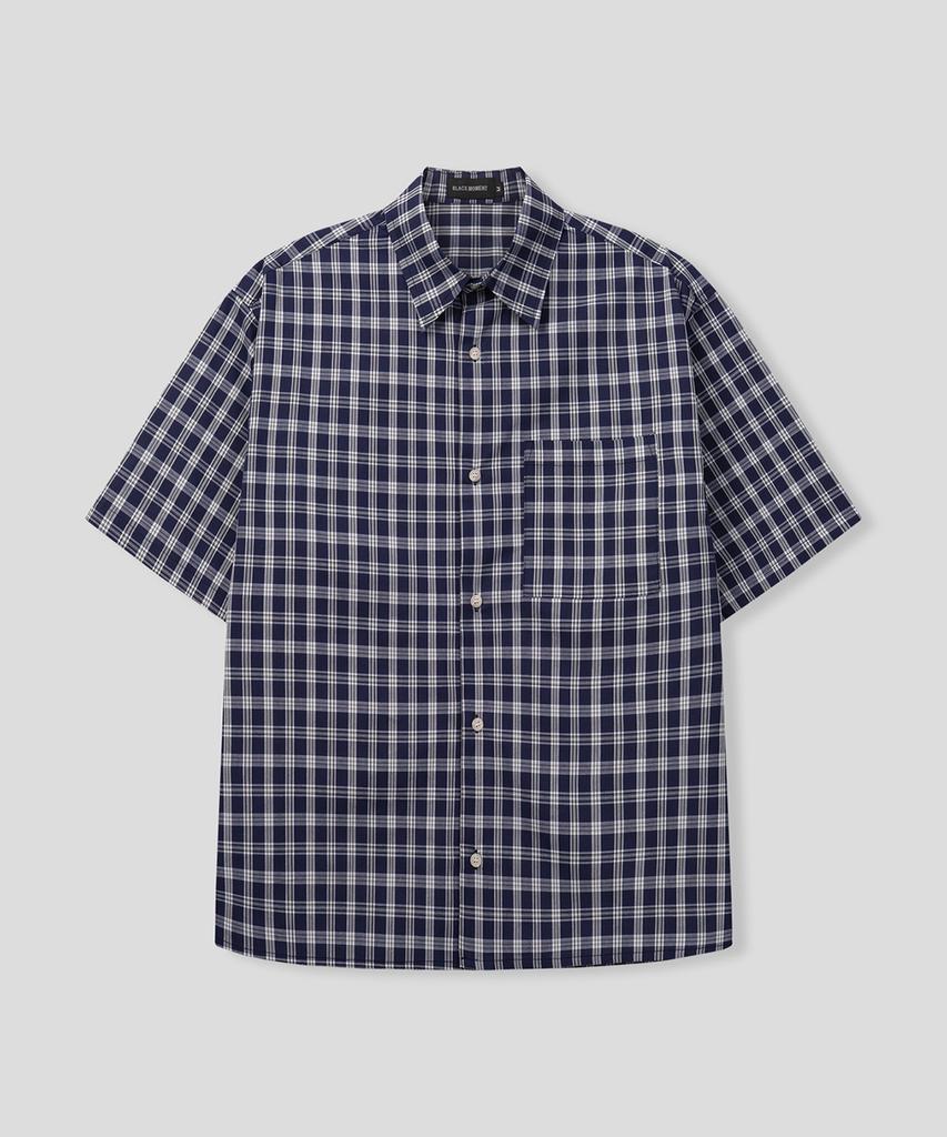 BLACK MOMENT Nerd Check Oversized Short Sleeve Shirt [Navy]