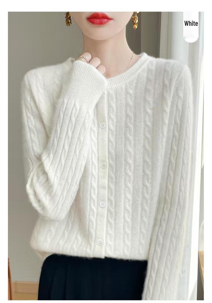 Women's Classic Cable Knit Cardigan: Old Money Style, Solid Color, Long Sleeve, Round Neck