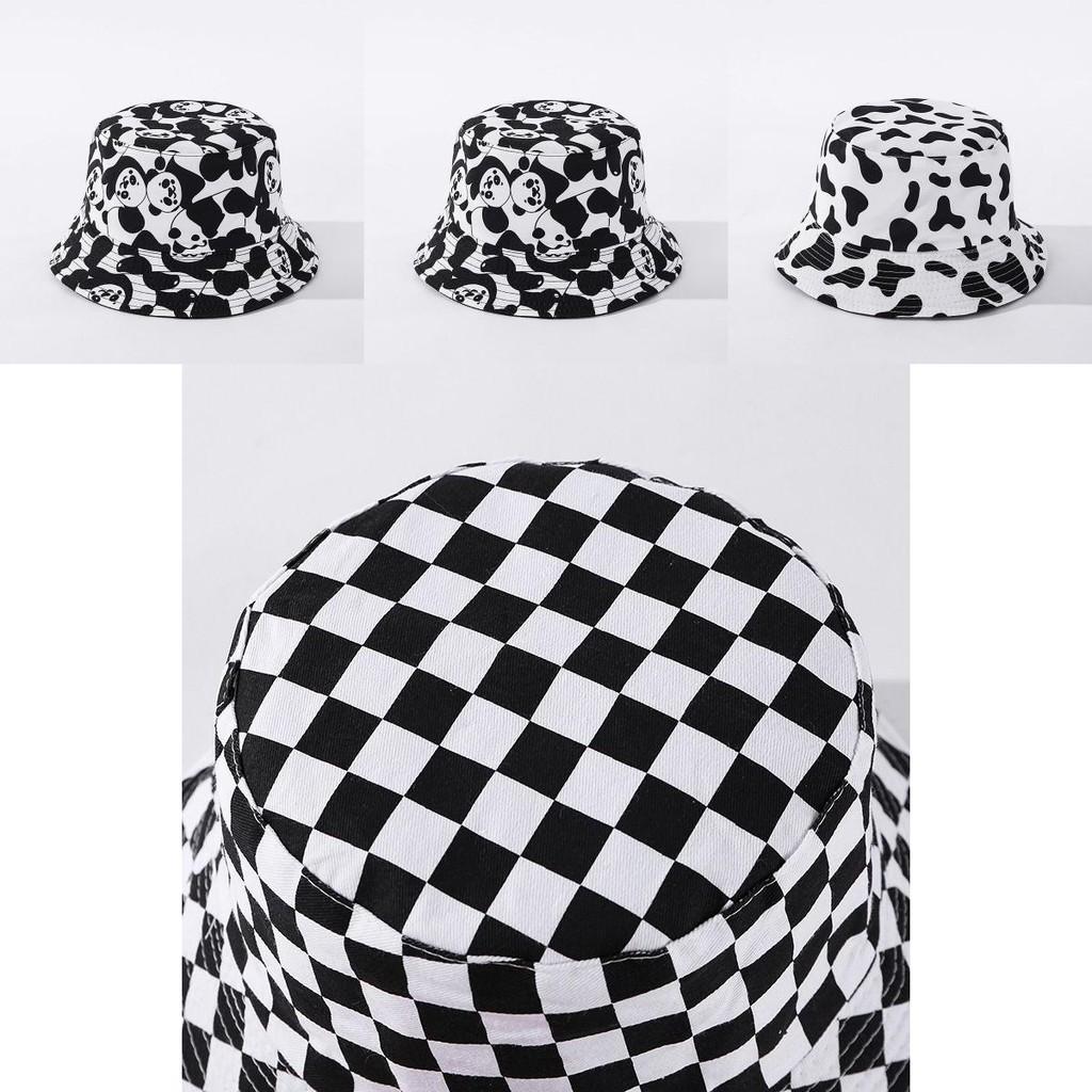 Stylish Black White Print Folding Fisherman Bucket Hat With Smiley Face Patch For Unisex Use