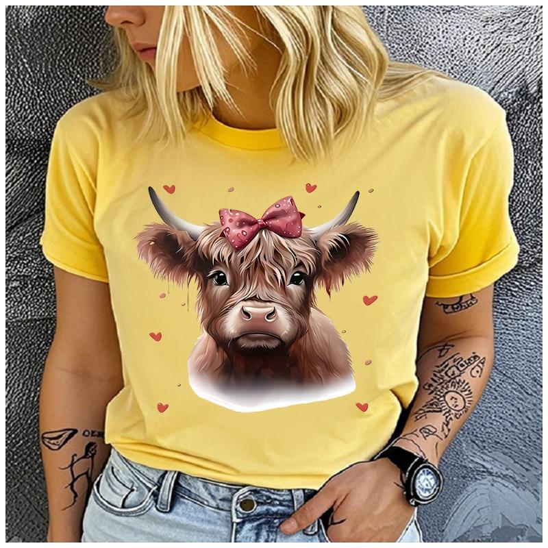 Women's Belted Cow Print Base T-shirt Loose Round Neck Casual Short Sleeve Fashion Top Wholesale Clothing Summer