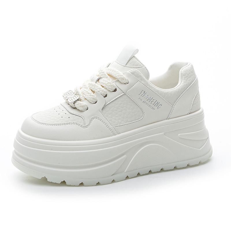 2025 Spring and Autumn New Korean Version of Thick-soled Heightening White Shoes Women's Leather Lace-up Showing Feet Small Casual Versatile Muffin