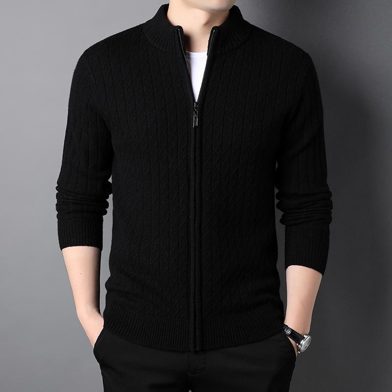100 Pure Wool Cardigan Men's Half Turtleneck Top Middle-aged Spring and Autumn Full Wool Knitted Jacket High-end Sense