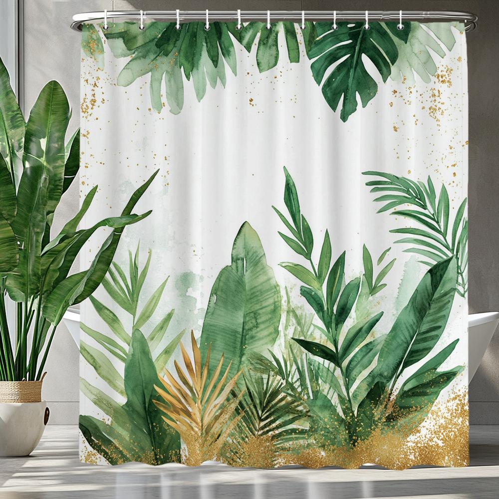 Green Leaves Monstera Plants Printed Shower Curtain Bathroom Curtain,Hanging Curtain With 12 Hooks Decoration Machine Washable