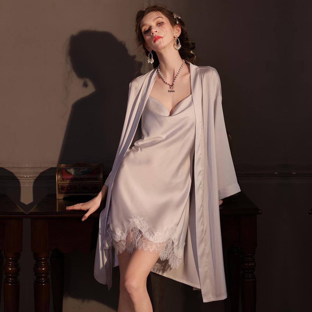 Women's Lace Trim Ice Silk Pajama Set with Robe - Spring/Summer/Autumn