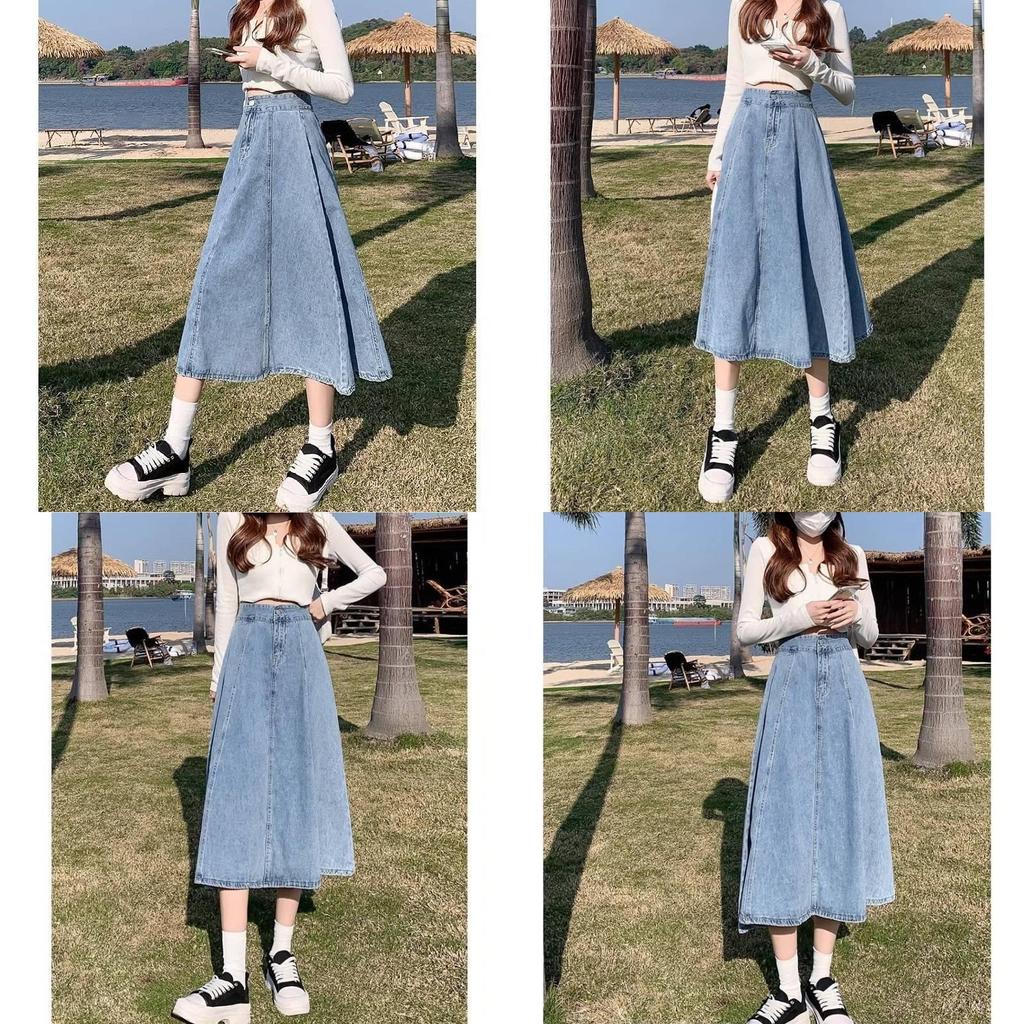Womens Light Blue High Waist Denim Skirt With Button Splicing For Casual Spring Summer Wear