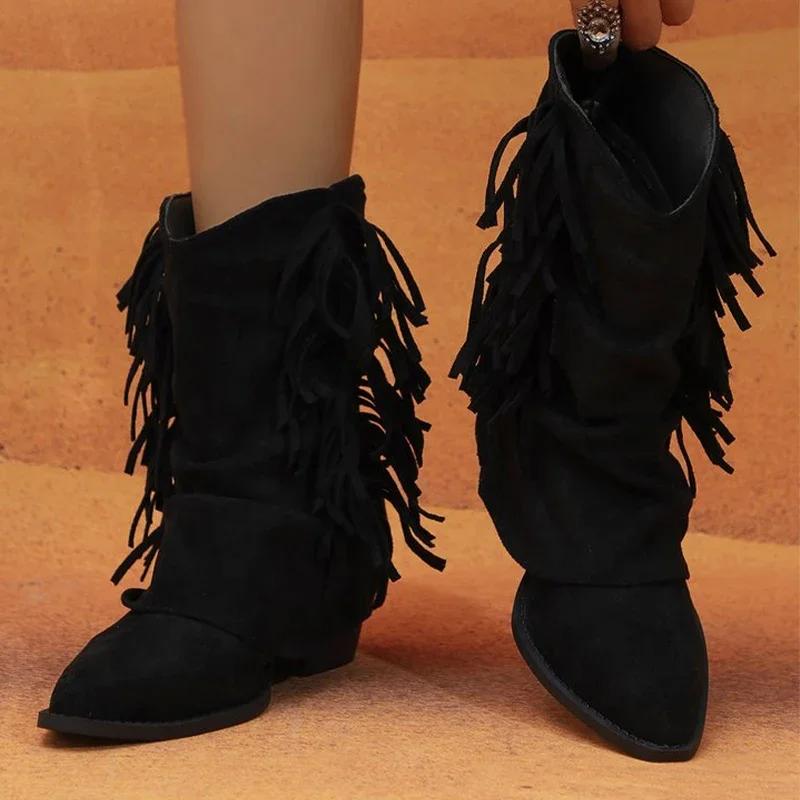 

Замшевые женские полусапоги с острым носком и бахромой, дизайнерская обувь для женщин, тренд 2024, зимние ботинки, новые челси, зимние женские ботинки 41 чёрный