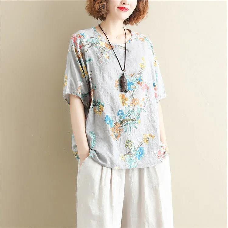 Vintage Printed O-Neck Half Sleeve Shirt Oversized Loose Commute Women's Clothing Summer Fashion Casual Blouse