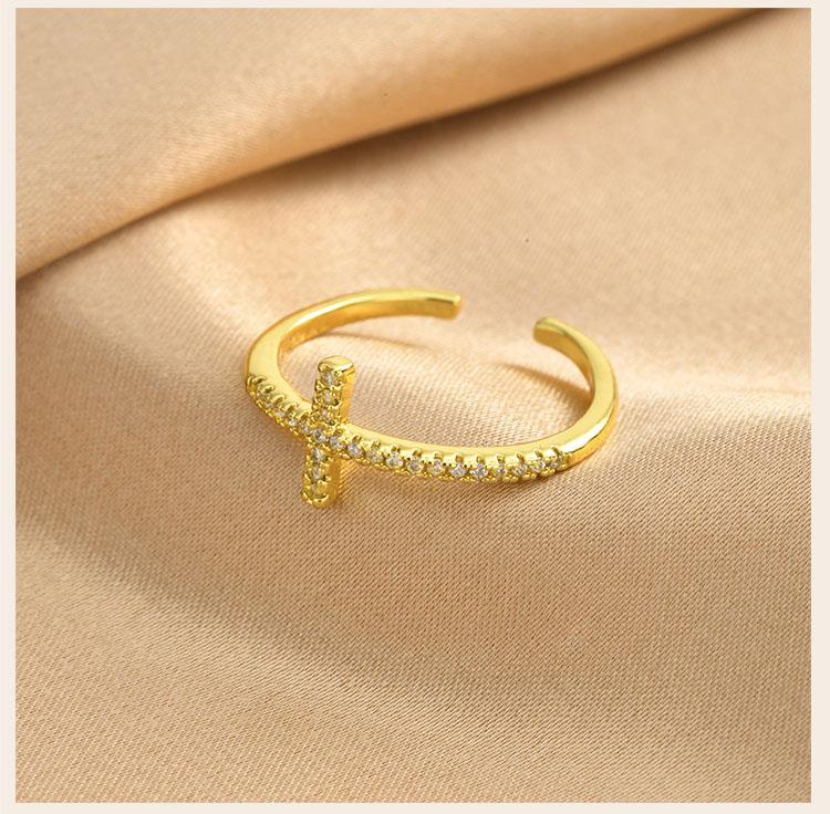 Cross Ring for Women 14k Gold Plated Sideway Cross Adjustable Open Ring Cubic Zirconia Jewelry