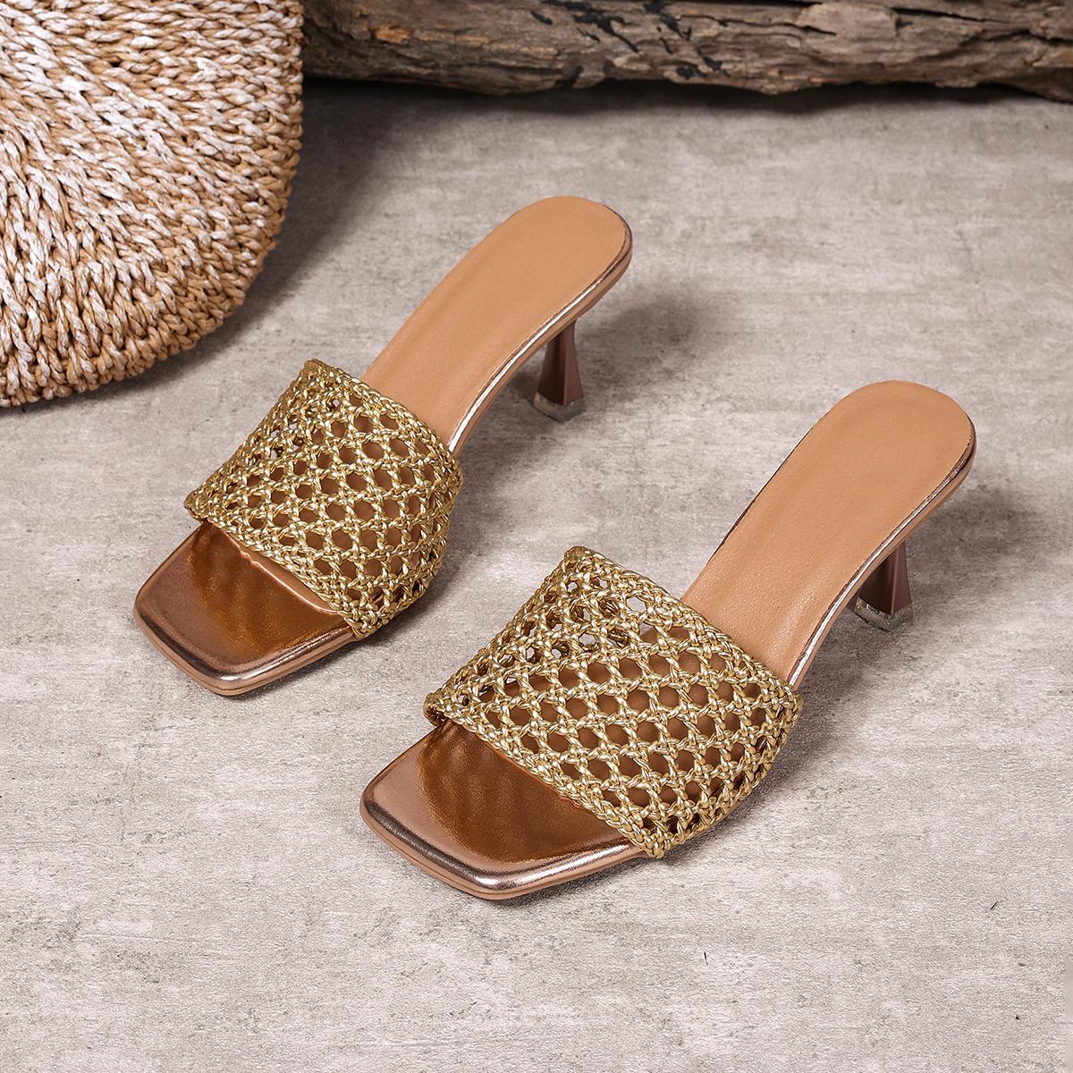

Модные Роскошные Золотые Туфли-Шлепанцы на Высоком Каблуке Женские 2025 Лето Квадратный Носок Тонкий Каблук Сандалии Женские Большой Размер 41 Вечерняя Обувь Женские Туфли-Лодочки 41 золотой