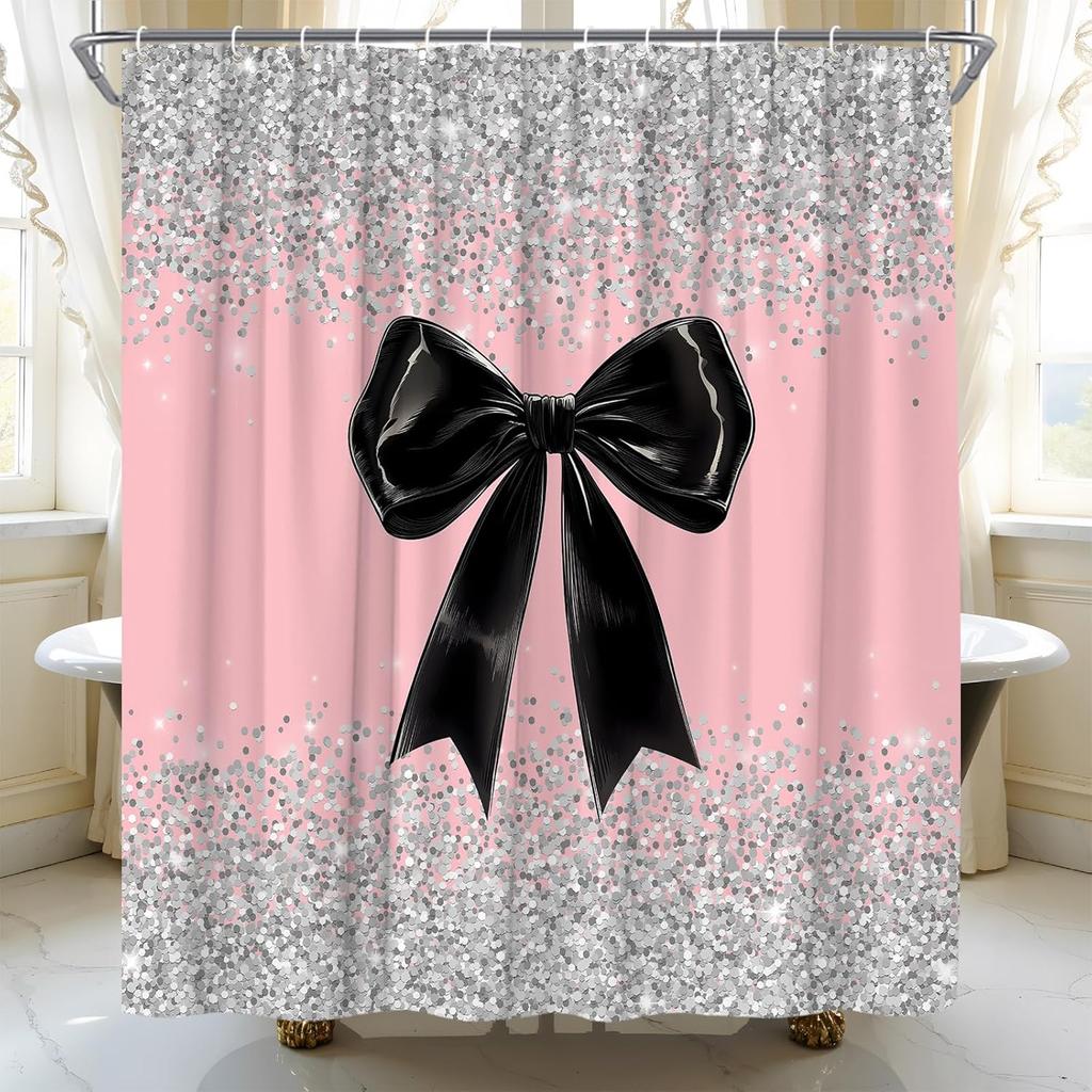 Black Bow Shower Curtain Fashion Girly Grey Shimmer Sequins Bowknot Dreamy Party Fabric Bathroom Curtain Set with Hooks