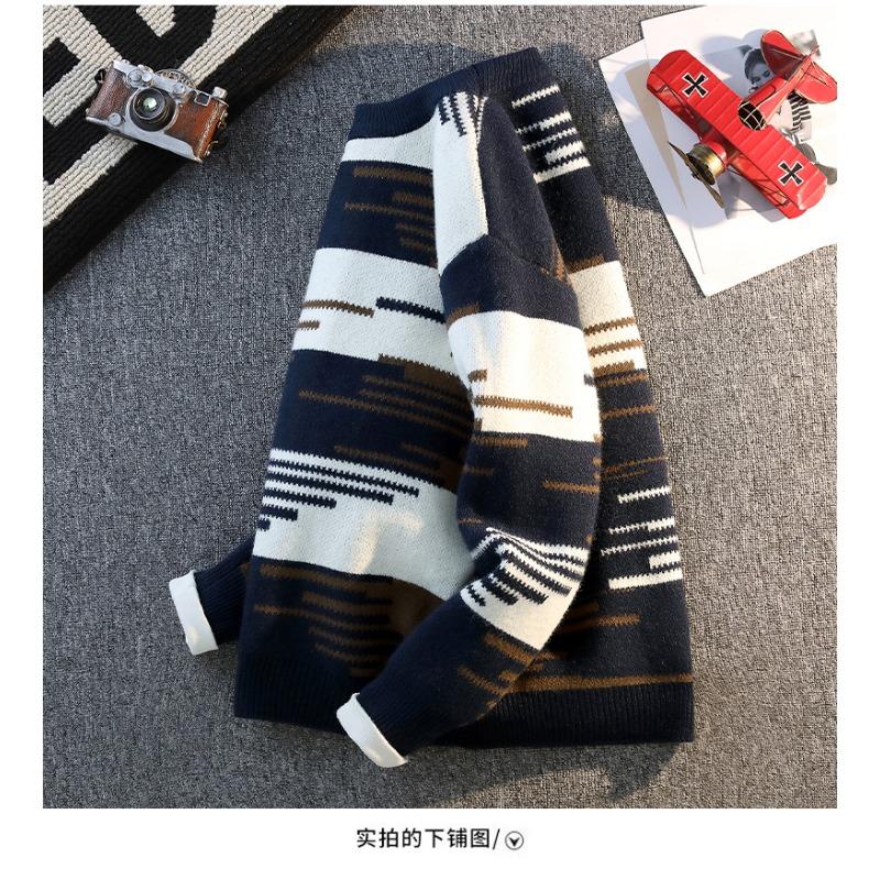 Men's Autumn Winter Sweater Round Neck Long Sleeve Thread Contrasting Color Bottoming Shirt Top