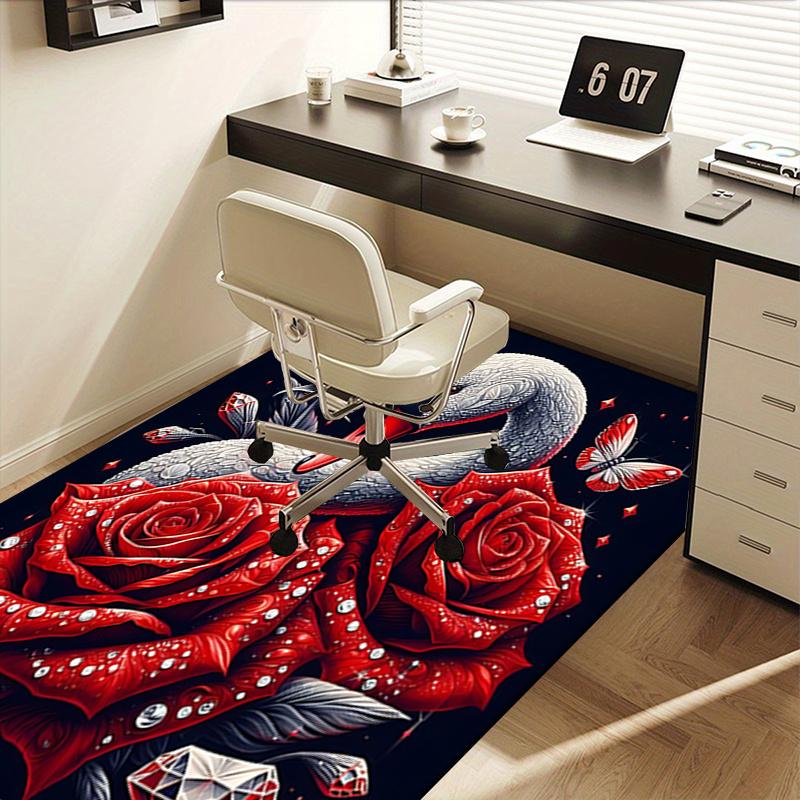 Elegant Swan with Red Roses Chair Mat Office Carpet, Oversized Rug for Home Decor, Gift, Suitable for Bedroom, Living Room, Various Rooms