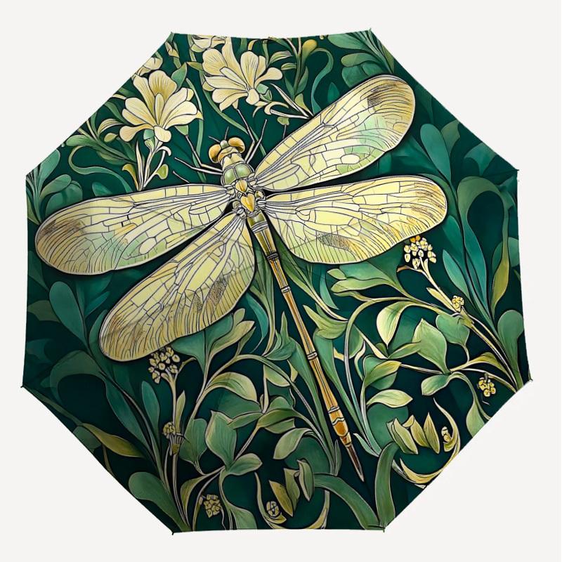 1pc Dragonfly Floral Automatic Open/Close Umbrella with Windproof, 8-Rib Sturdy Canopy, Durable Ribs, Fashionable Design1257A