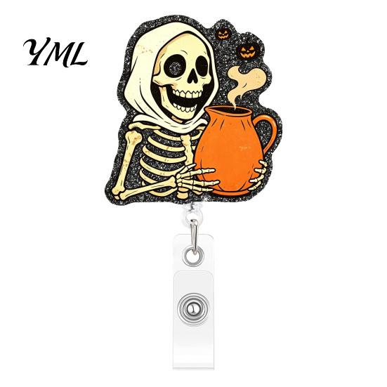 Retractable Badge Holder Halloween Reel, Skeleton And Pumpkin Design, Acrylic ID Card Teacher Id Reel with Sturdy Metal Clip for Nurses Office