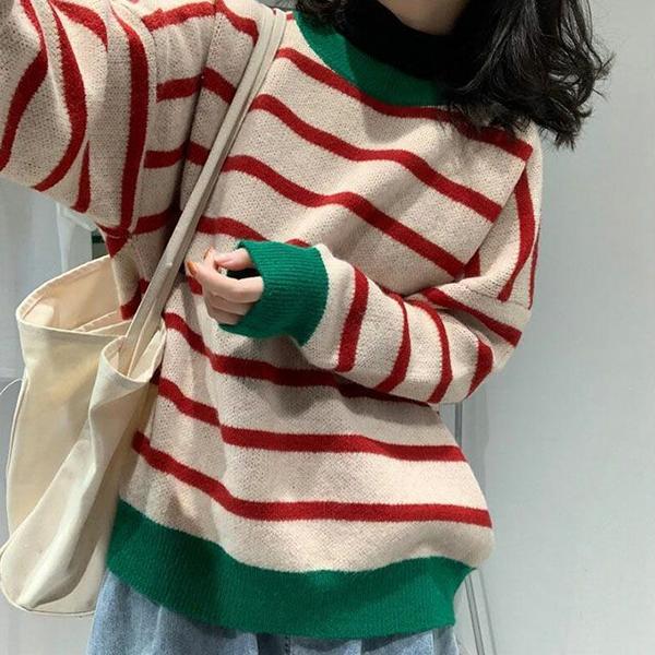 Japanese Style Striped Sweaters Women Autumn and Winte Large Size Loose All-match Knitting Pullovers