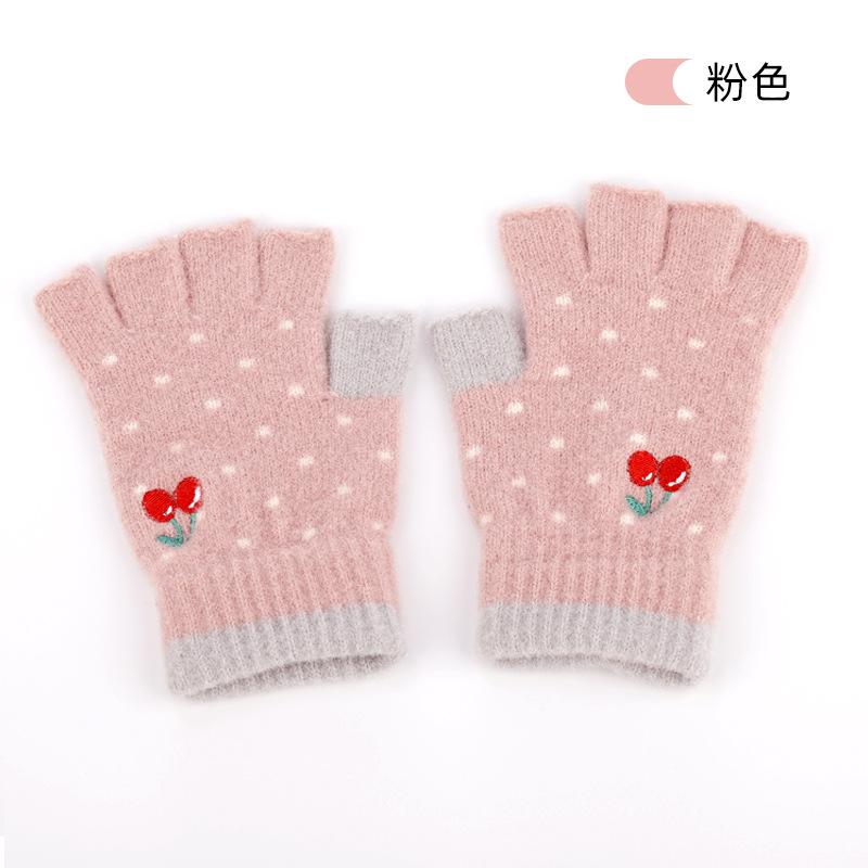 New half-finger gloves women's winter cold protection and warmth dew finger cartoon embroidery cherry warm work writing gloves