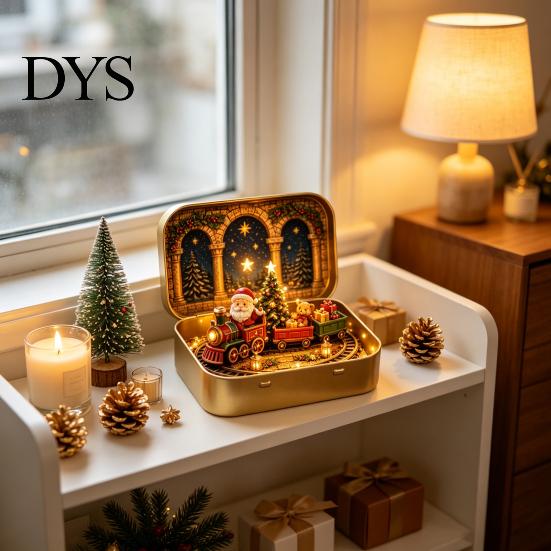 Miniature Holiday Scene Tiny Christmas Wonderland in a Tin, Mini Diorama Decor, Winter Home Accents with Santa, Tree, Gifts & Snowman, Table